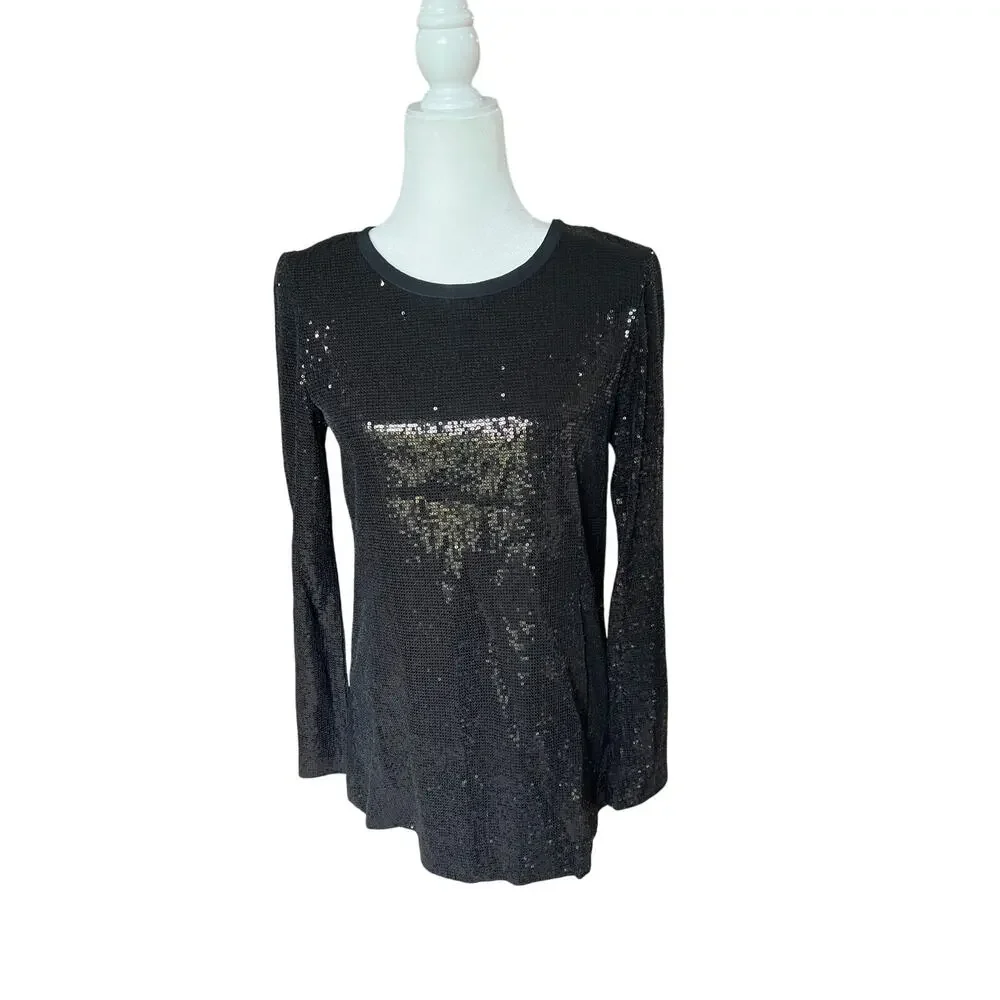 Tory Burch Sequined 100% SILK Black Top Women Size 6 GLAM Sexy Designer Holiday